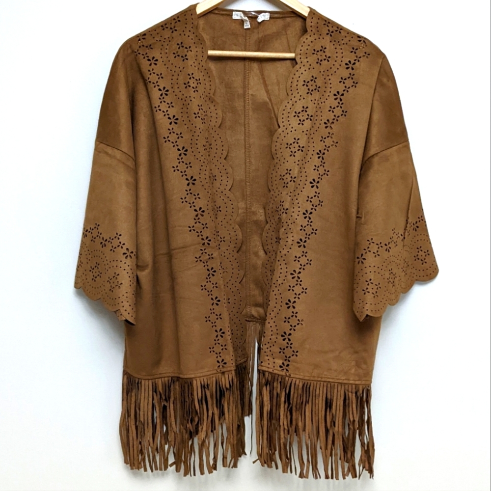 Fringed Suede-Texture Open Front  Jacket - Brown~ NWOT